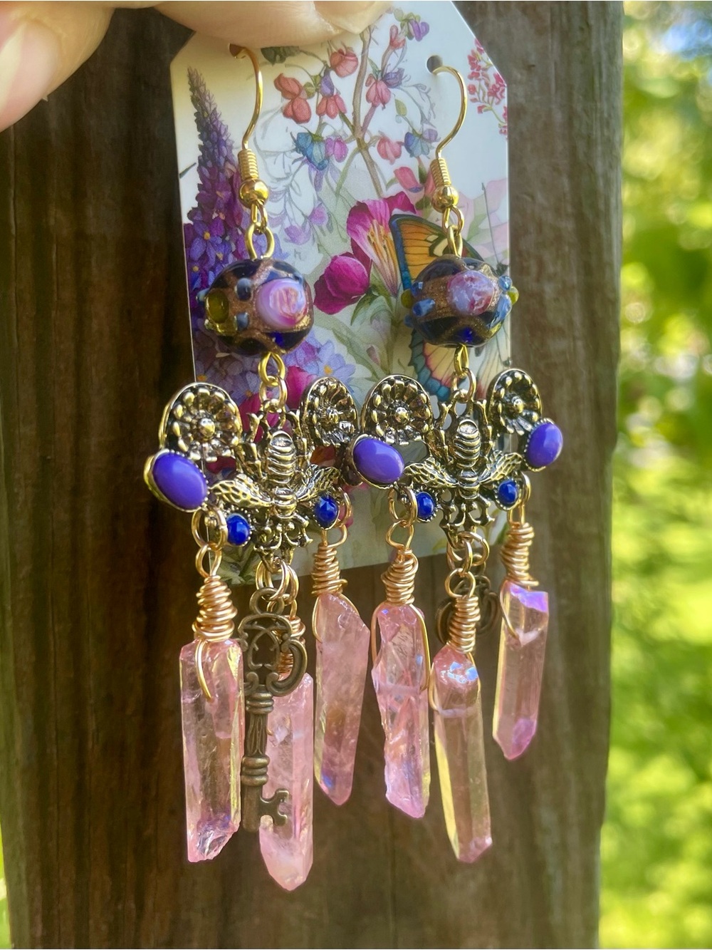 Hand Crafted Pink Boho Quartz Crystal Earrings